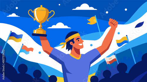 Amidst a sea of waving flags and electric energy a tennis player raises their trophy to the sky in celebration of their grand slam win.. Vector illustration