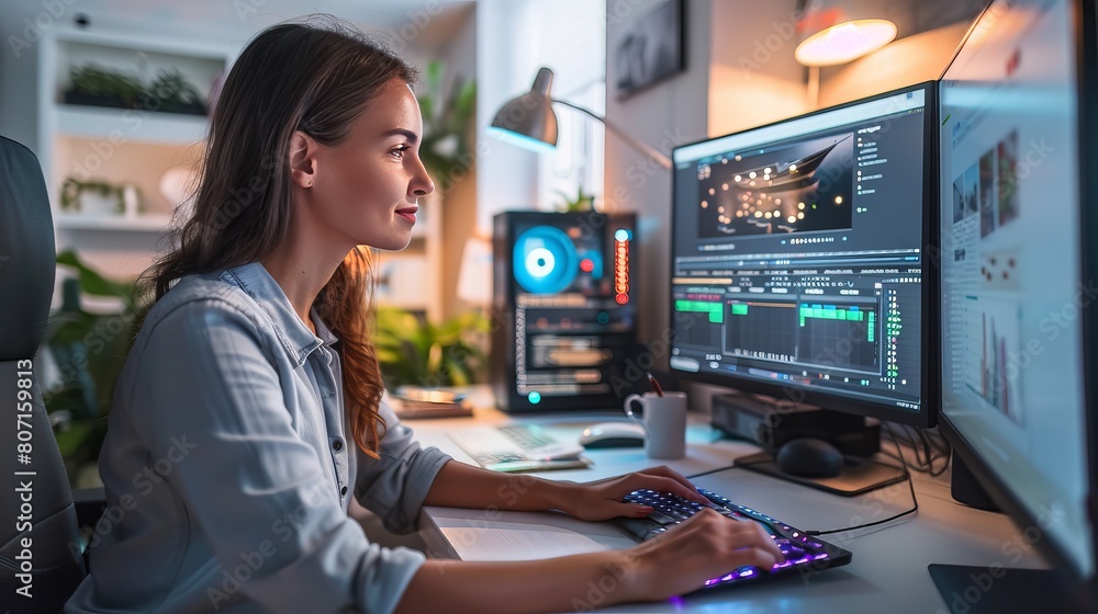 A woman is working on a computer at her desk. She is happy and busy working at her desktop PC. She is typing and surfing the internet. A woman is working on a computer at her desk. She is happy and busy working at her desktop PC. She is typing and surfing the internet.