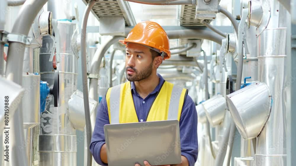 Young asian male technical foreman in safety uniform inspects maintenance work holding a laptop to look at plumbing and electrical systems on the roof of a building, Industrial background Young asian male technical foreman in safety uniform inspects maintenance work holding a laptop to look at plumbing and electrical systems on the roof of a building, Industrial background