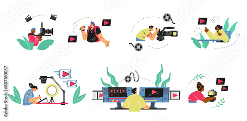 Video production industry professionals set, flat vector illustration isolated.