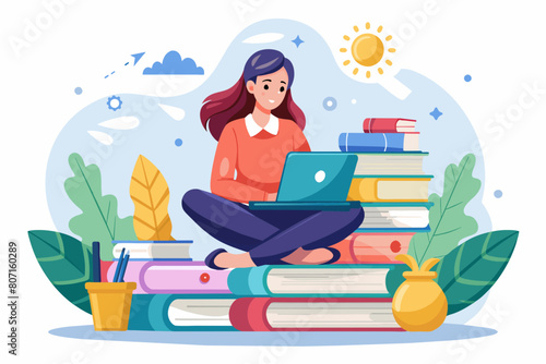 A woman is sitting with a laptop open in front of a stack of books, woman in front of a laptop sitting with books on online learning, Simple and minimalist flat Vector Illustration © ArtfuIInfusion769