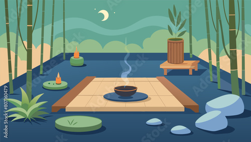A small corner of the backyard is transformed into a zenlike space with bamboo mats incense and soothing music creating a tranquil environment for a. Vector illustration