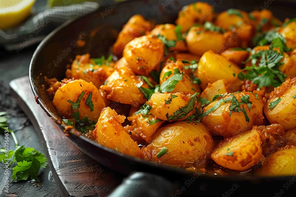 Spicy Kashmiri dum aloo served on a table Spicy Kashmiri dum aloo served on a table