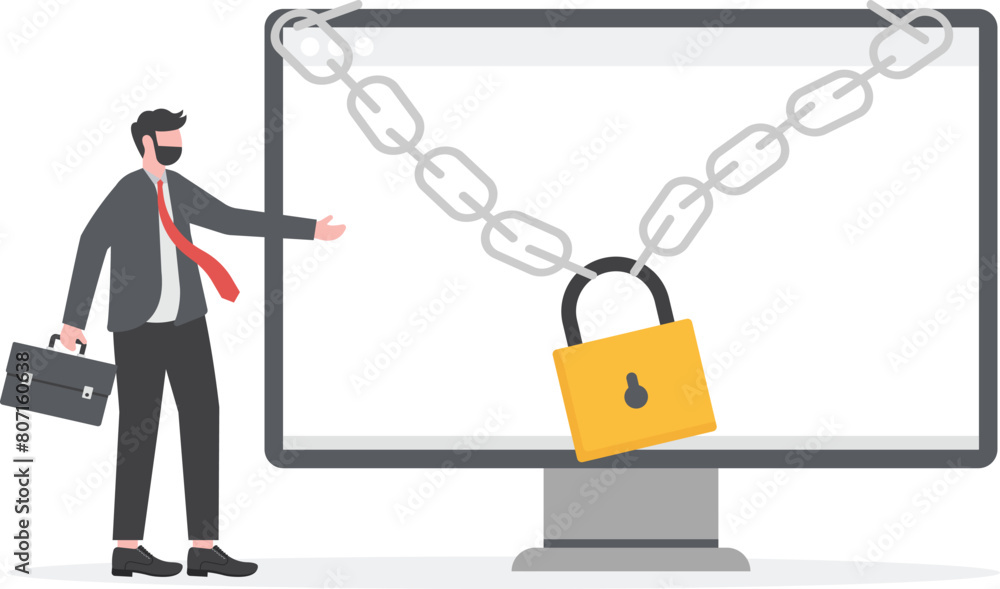 Protect the confidentiality of information. Businessman and computer locked with padlock. vector
Protect the confidentiality of information. Businessman and computer locked with padlock. vector