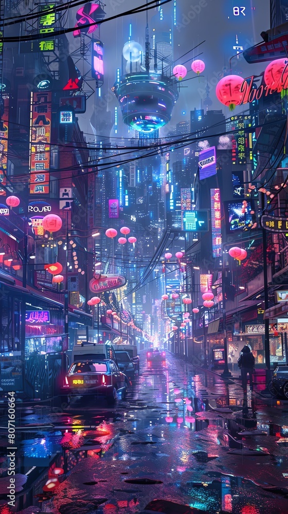 Capture the vibrancy of futuristic technologies merging with gritty street art through a dramatic tilted angle view Enhance the scene with a mix of CG 3D elements alongside photore