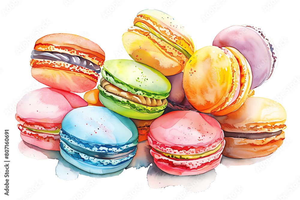 Obraz premium Watercolor painting Delicious sweets Macarons served on white background.