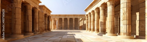 A long hallway with columns and a blue sky in the background