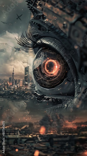 Convey the juxtaposition of hope and despair through a close-up image of a robots glowing eye in a dimly lit