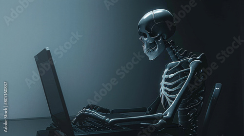 A skeleton is sitting at a computer keyboard. The skeleton is looking at the screen with a serious expression. Concept of loneliness and isolation, as the skeleton is the only one in the scene