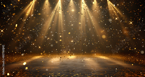 golden sparkles falling from the ceiling,golden light , glitter background light ,wooden floor , stage,orange , dark gold, bronze 