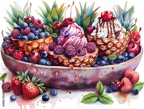 a detailed watercolor illustration of a pineapple sundae  capturing every delectable element from the juicy pineapple slices to the creamy ice cream and decadent toppings