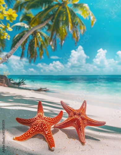 Starfish on the beach with palm trees and blue sea background   detailed background 