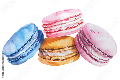 Watercolor painting Delicious sweets Macarons served on white background.