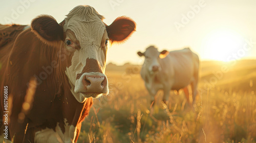 Two cows are grazing in a field with the sun shining on them. The cows are brown and white, and one of them is looking at the camera. The scene is peaceful and serene