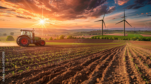 A tractor is driving through a field of crops. The sky is cloudy and the sun is setting