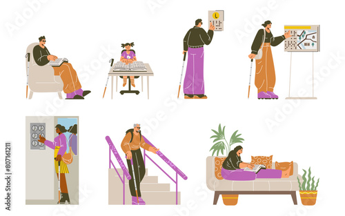 Use of Braille alphabet by visually impaired people, flat vector illustrations.