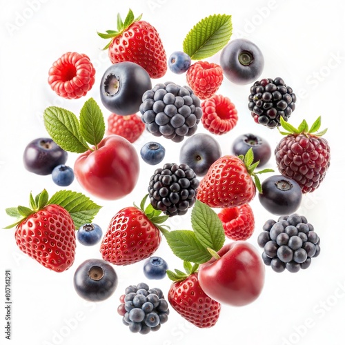 Fruits and berries isolated on white background. Ripe strawberries, blueberries, blackberries, raspberries and cherries.