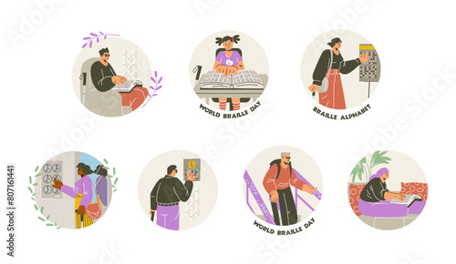 Blind persons finger drives on braille font points, read book, inscriptions, World braille day vector round stickers set