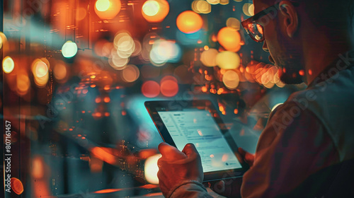 A man is looking at a tablet with a bright screen. The image has a mood of excitement and anticipation