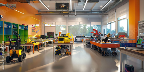 STEM Lab Floor: Featuring robotics kits, 3D printers, science experiment stations, and technology for hands-on STEM activities
