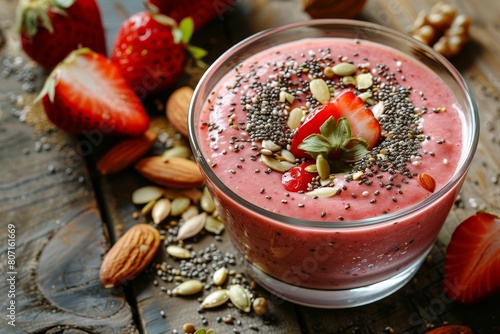 Strawberry smoothie with chia almond walnut hemp pumpkin seeds and nuts in glass bowl on wooden table filmed in slow motion photo