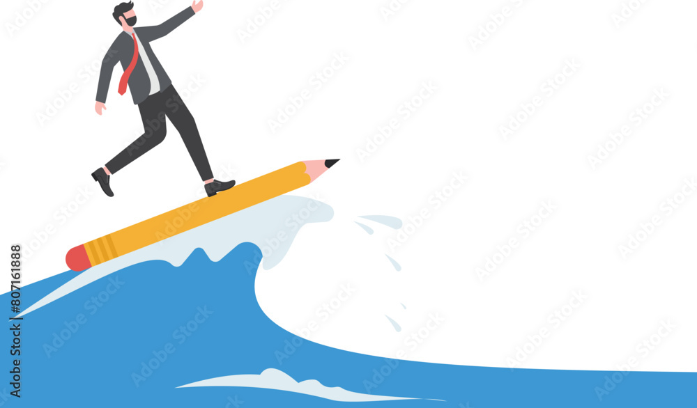 Fight the crisis with creativity. Businessman surfing the sea with a pencil


