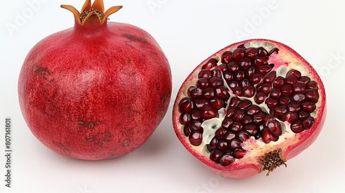 Close-up of vibrant pomegranate fruit cut in half with exposed juicy seeds and bright red arils photo