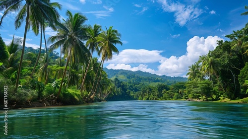 Adventure in the tropical Philippines where palm trees line the river banks. Swinging and enjoying the river while immersed in lush greenery.