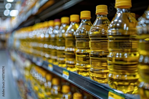 Wallpaper Mural Sunflower and corn oil in plastic bottles on shelf in supermarket or warehouse Dutch angle closeup Torontodigital.ca
