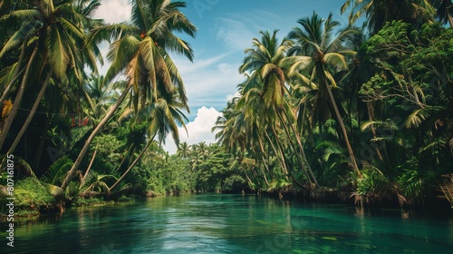 Adventure in the tropical Philippines where palm trees line the river banks. Swinging and enjoying the river while immersed in lush greenery.