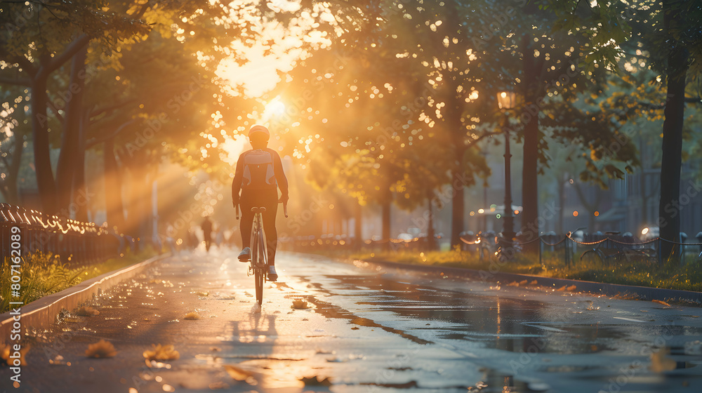 Bicycle Commuter: Embracing Eco-Friendly Lifestyle and Healthy Routine in the Morning Commute Photo Realistic Concept