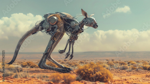The image shows a robotic kangaroo leaping through the desert