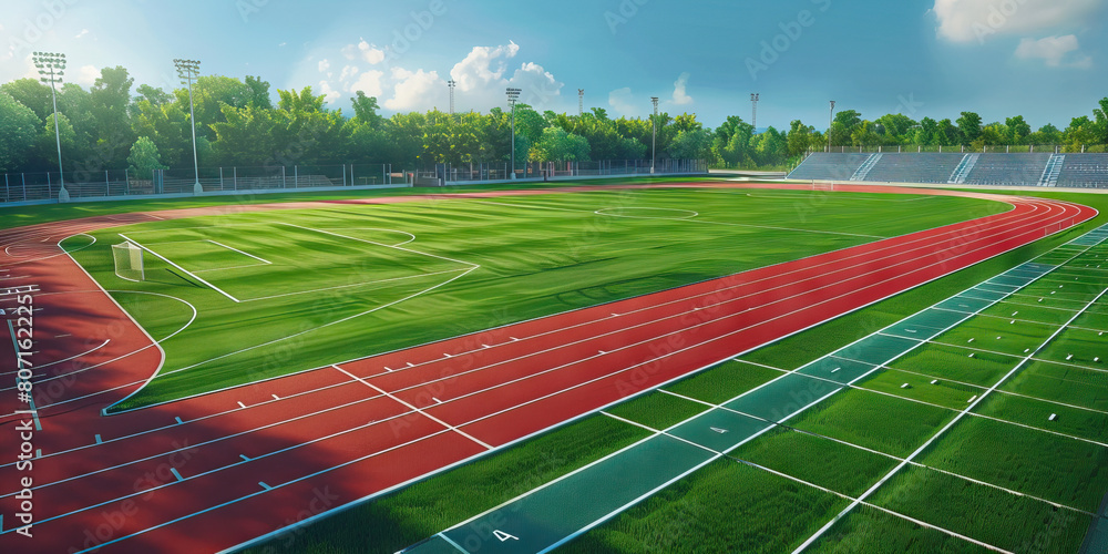 Obraz premium Outdoor Sports Field Floor: Showing markings for sports like soccer, football, or track and field, along with bleachers or seating areas