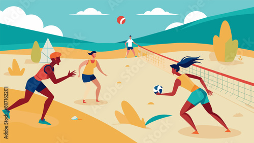 A mix of sand sweat and determination fills the air as the players compete in a closelymatched game of beach volley tennis.. Vector illustration
