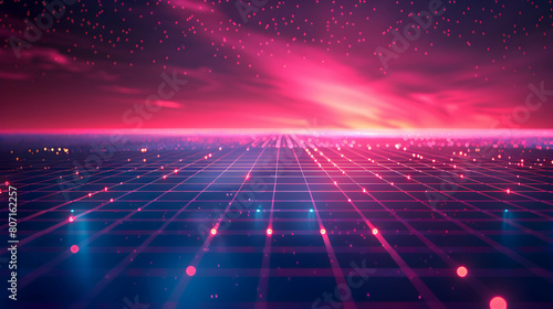 Vibrant Neon Grids Stretch Across Abstract Digital Plains in a Photorealistic Concept © Gohgah