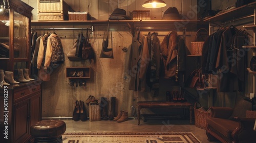A vintage-styled room overflowing with coats and shoes in a harmonious fashion display photo