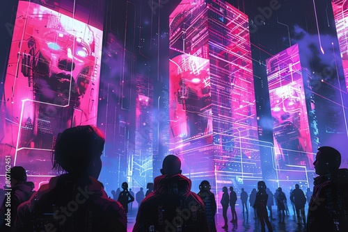 Immerse viewers in a cyberpunk cityscape with towering neon skyscrapers, showcasing AI therapists conducting sessions with holographic avatars among floating digital screens