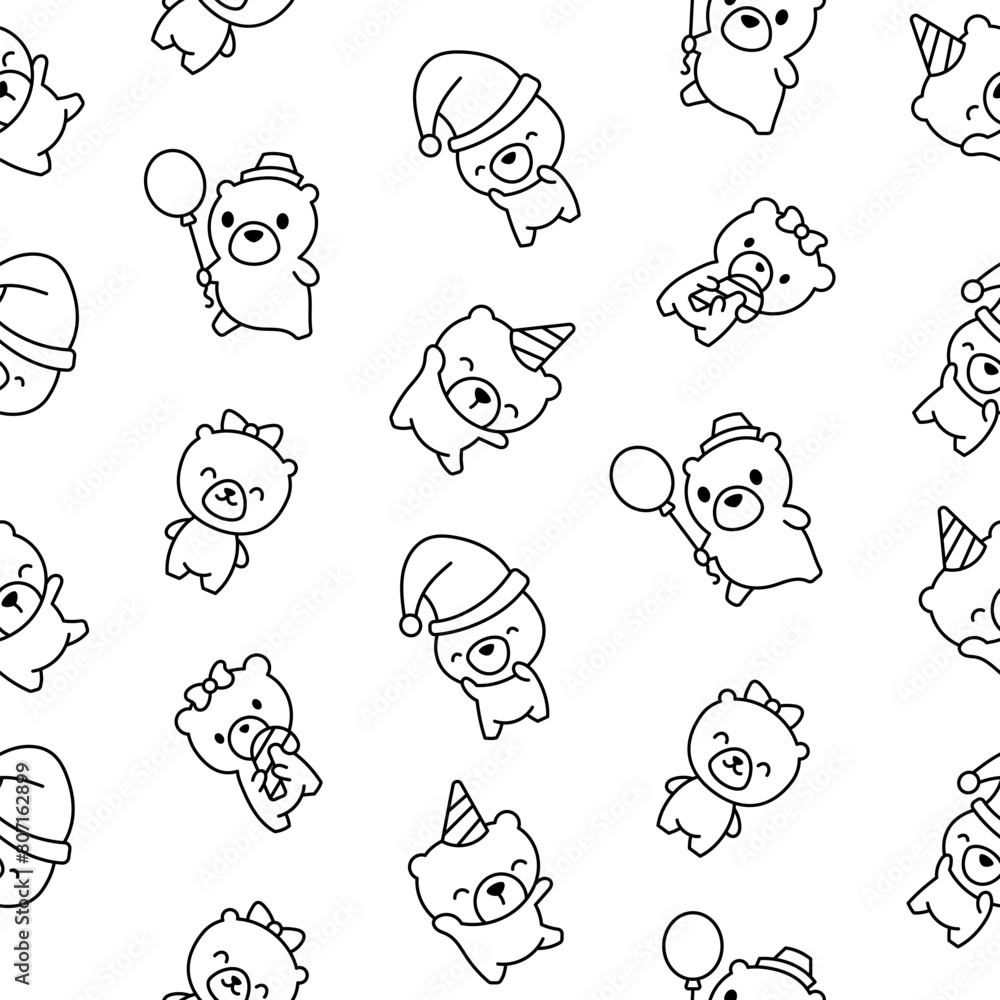 Fototapeta premium Cute kawaii teddy bear. Seamless pattern. Coloring Page. Cartoon funny animals character. Hand drawn style. Vector drawing. Design ornaments.