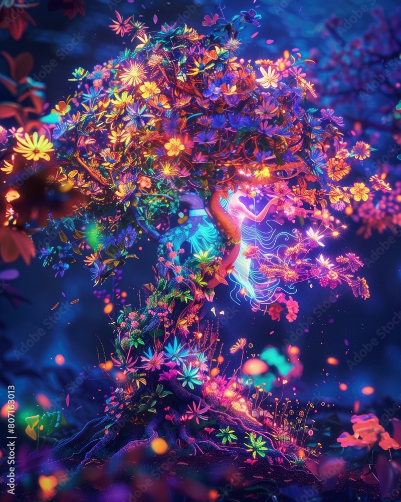 AI generated illustration of a woman perched in a tree adorned with vibrant lights