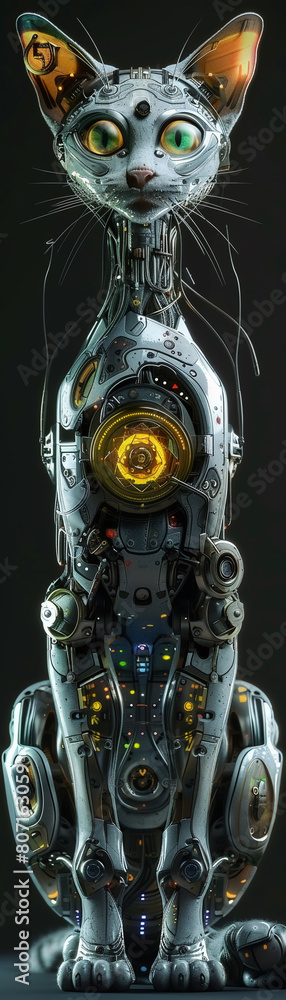 Fototapeta premium A robotic cat with green eyes and a glowing yellow orb in its chest sits on a table, staring at the viewer. The cat is made of metal and has a sleek, futuristic design.