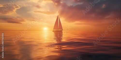 A serene sailboat glides on a mirror-like sea under the golden glow of the setting sun, peaceful and picturesque