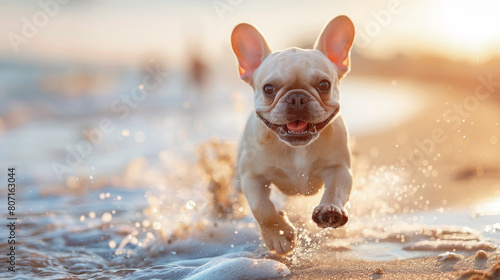A smiling French bulldog runs along the beach and sea waves in the summer, active.