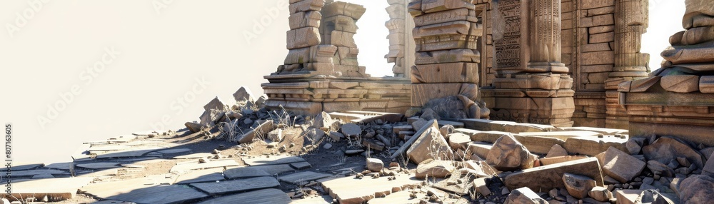 A ruined building with a lot of rubble and debris