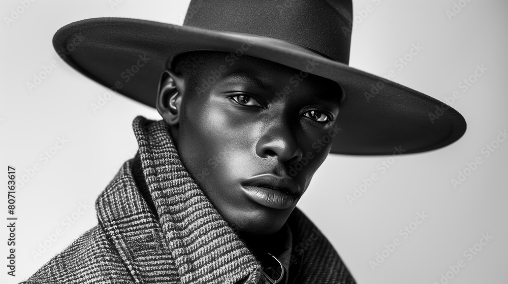 Monochrome studio portrait of a young black man wearing a wide-brimmed hat and houndstooth jacket, plain white background. High fashion and male elegance concept. Monochrome studio portrait of a young black man wearing a wide-brimmed hat and houndstooth jacket, plain white background. High fashion and male elegance concept.