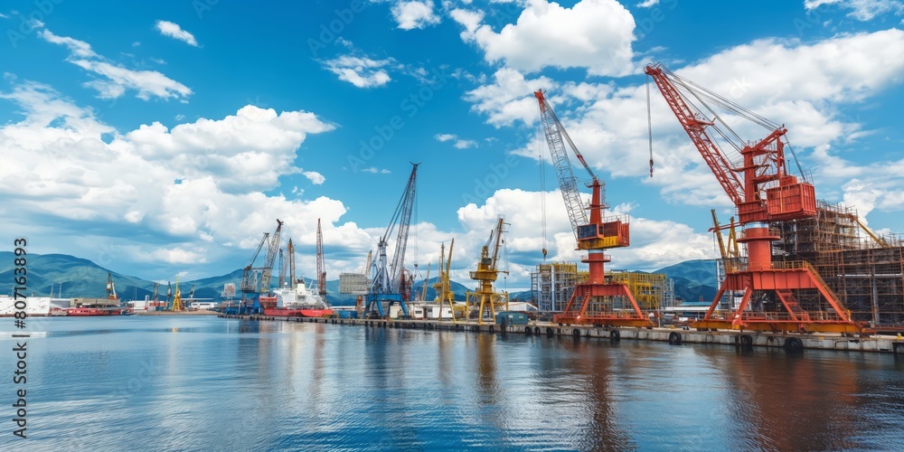 A busy industrial shipyard with numerous large cranes and vessels, highlighting commerce, construction, and maritime industries