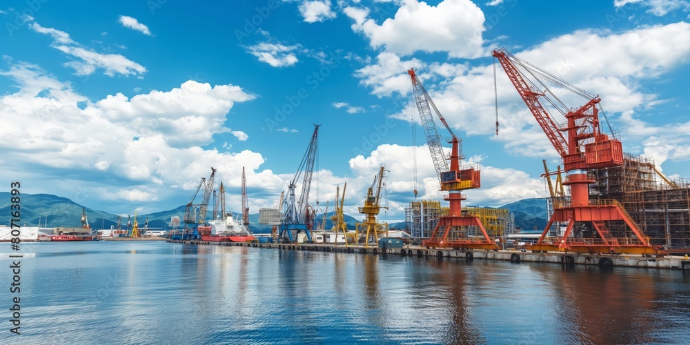 Fototapeta premium A busy industrial shipyard with numerous large cranes and vessels, highlighting commerce, construction, and maritime industries
