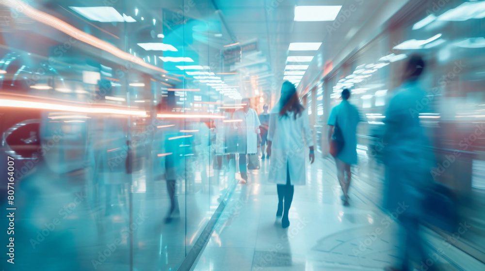 Blurred background of a modern hospital corridor with busy doctors and nurses walking around, with a double exposure effect. Blurred background of a modern hospital corridor with busy doctors and nurses walking around, with a double exposure effect.