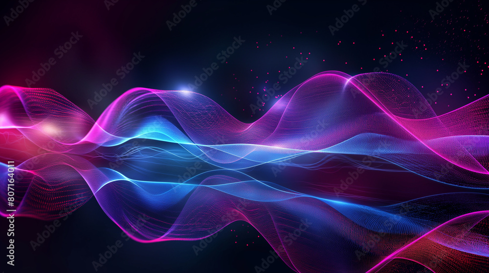 Mesmerizing abstract design with fluid wave-like patterns in shades of blue and pink interspersed with glowing red particles