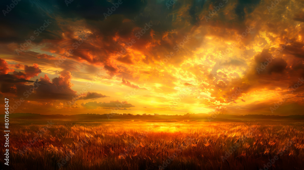 A beautiful golden sunset over a vast field of wheat
