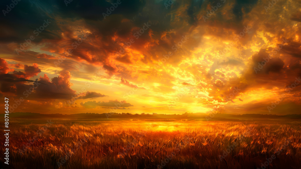 A beautiful golden sunset over a vast field of wheat A beautiful golden sunset over a vast field of wheat